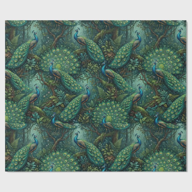 Majestic Peacock Rainforest Seamless Pattern Wrapping Paper (Flat)