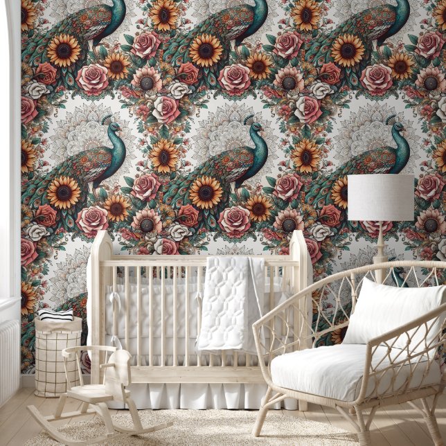 Majestic Peacock & Sunflower Radiance Wallpaper (Kids)