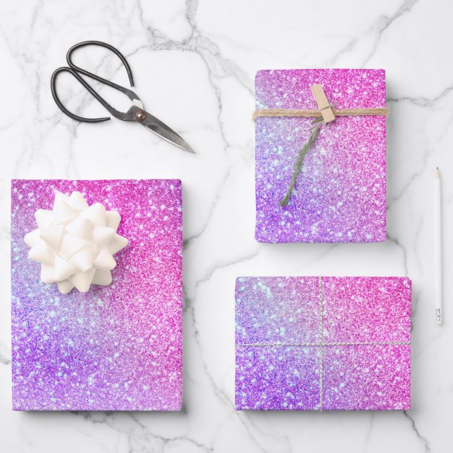 Majestic Pink Purple Nebula Galaxy Glitter Wrapping Paper Sheet (Front)