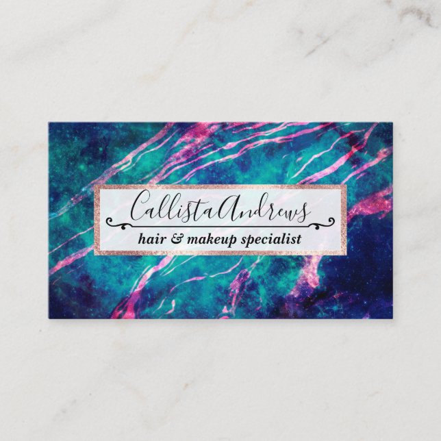 Majestic Pink Teal Green Marbled Starry Nebula Business Card (Front)