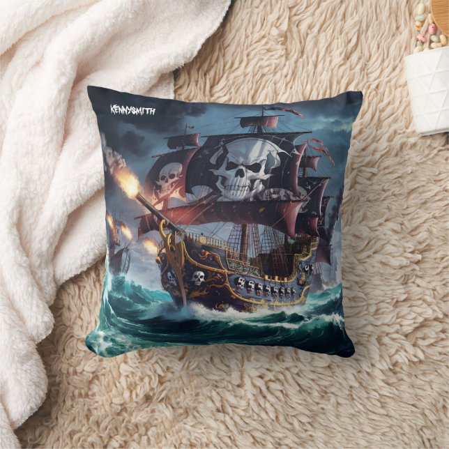 Majestic Pirate Ship Battling Stormy Seas at Dusk Cushion (Blanket)