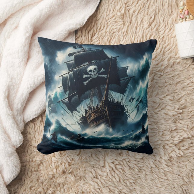 Majestic Pirate Ship Battling Stormy Seas Cushion (Blanket)