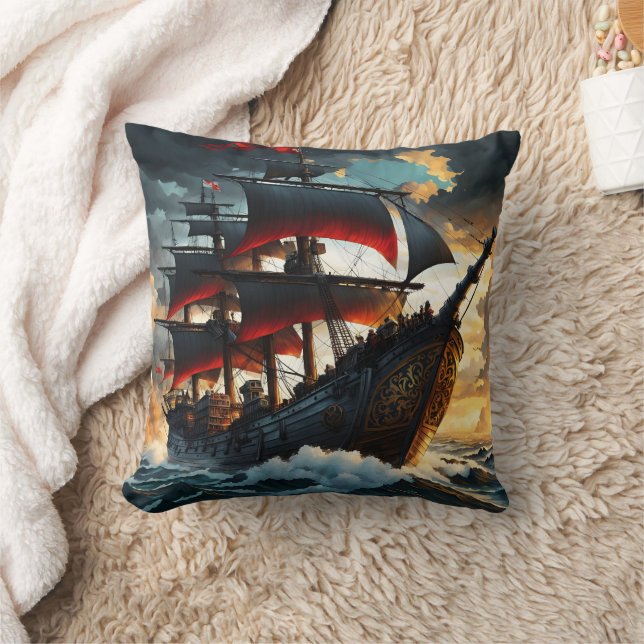 Majestic Pirate Ship Sailing During Sunset Cushion (Blanket)