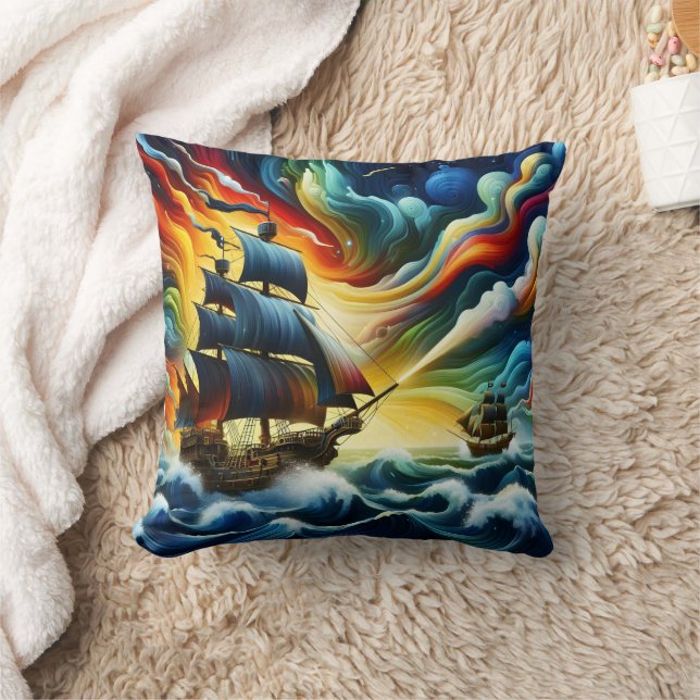 Majestic Pirate Ship Sailing Through Colourful Sea Cushion (Blanket)