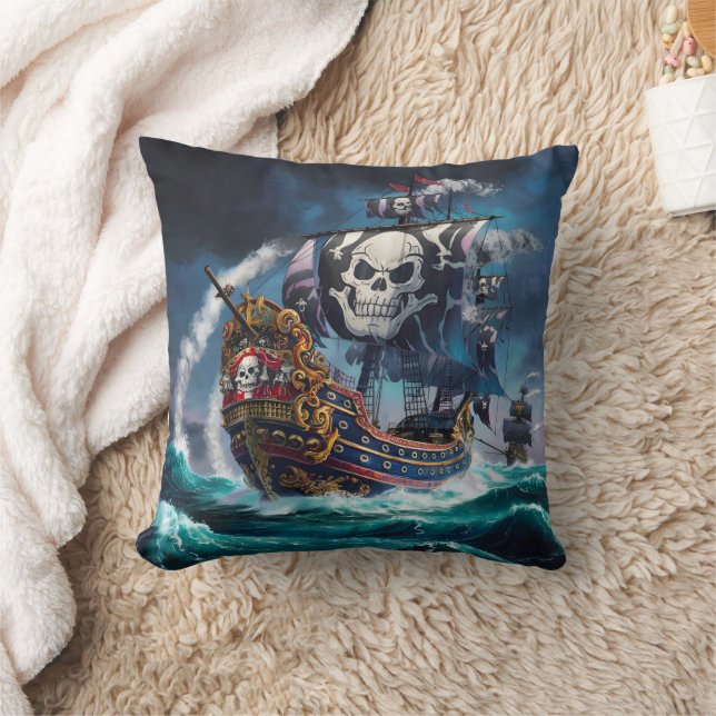 Majestic Pirate Ship Sailing Through Stormy Waters Cushion (Blanket)