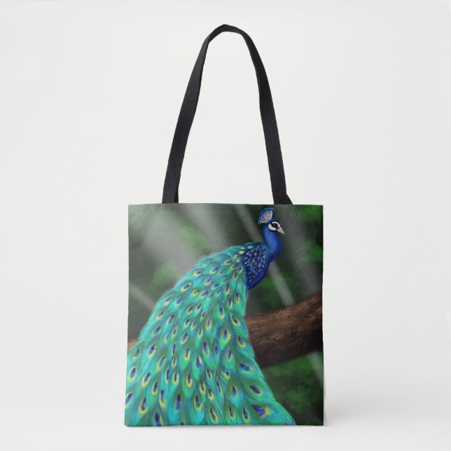 Majestic Plumage: Enchanting Peacock in the Forest Tote Bag (Front)