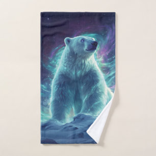 Majestic Polar Bear Design with Northern Lights Hand Towel