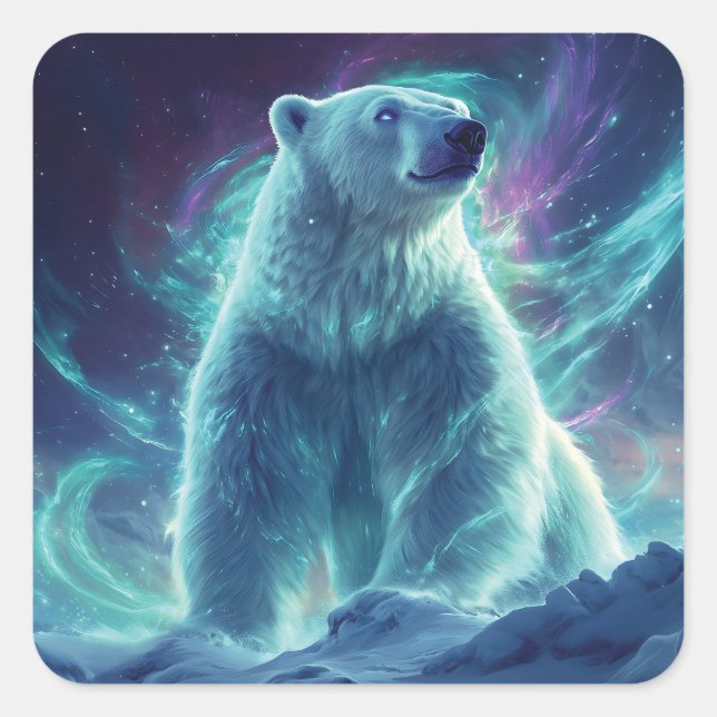 Majestic Polar Bear Design with Northern Lights Square Sticker (Front)