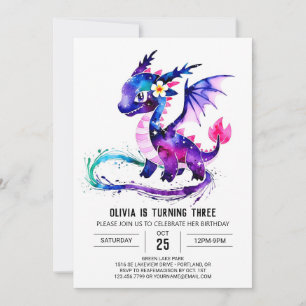 Majestic Purple Dragon Digital Girl Birthday Invitation