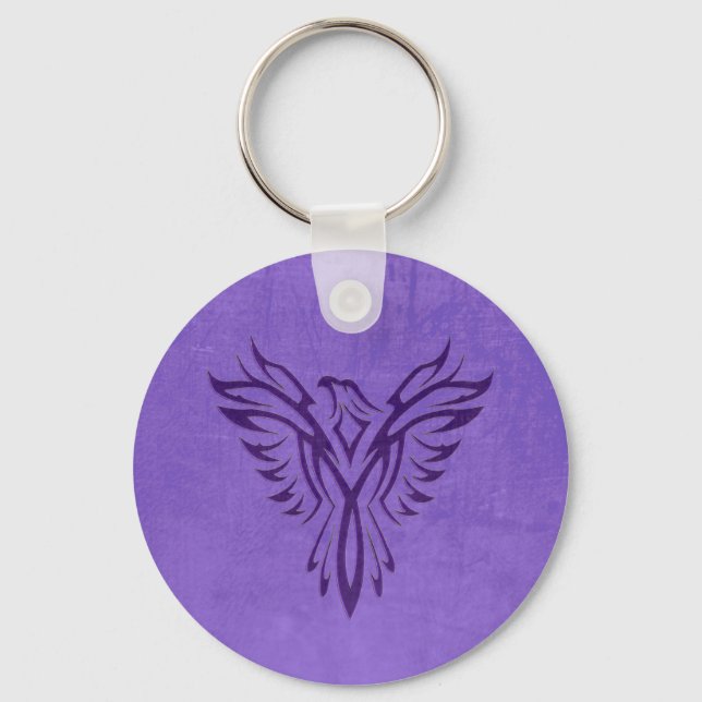 Majestic Purple Phoenix Rising, leather texture Key Ring (Front)
