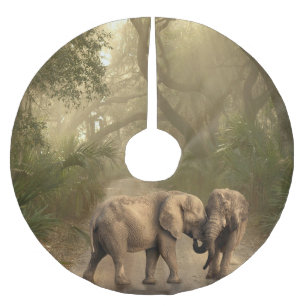 Majestic Rainforest Elephants in the Mist Brushed Polyester Tree Skirt