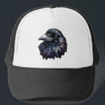Majestic Raven Portrait - raven, bird, wildlife Trucker Hat<br><div class="desc">This captivating artwork showcases a close-up portrait of a raven, meticulously detailed to highlight the bird’s glossy feathers that shimmer in deep blue, purple, and black hues. The raven’s eye is particularly striking, exuding intelligence and curiosity, making this piece a stunning representation of avian beauty and mystery. Perfect for wildlife...</div>