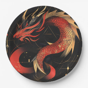 Majestic Red and Gold Chinese Dragon Art Paper Plate