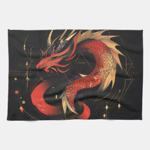 Majestic Red and Gold Chinese Dragon Art Tea Towel
