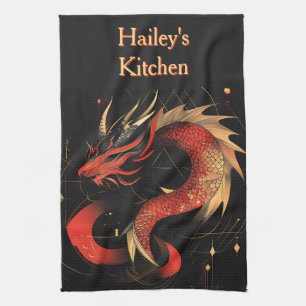 Majestic Red and Gold Chinese Dragon Art Tea Towel