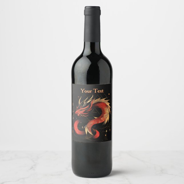 Majestic Red and Gold Chinese Dragon Art Wine Label (Front)