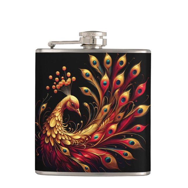 Majestic Red and Gold Peacock  Hip Flask (Front)