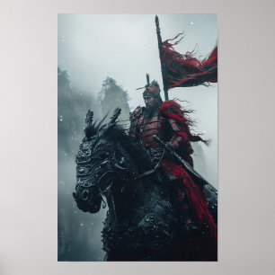 Majestic Red Armored Knight Riding a Qilin Poster