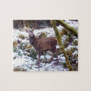 Majestic Red Deer Stag in Snow Forest Nature Scene Jigsaw Puzzle