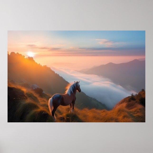 Majestic red Horse in the Mountain at Sunrise Poster (Front)