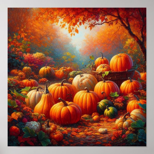 Majestic Red Pumpkin Forest Enchanted Jungle Scene Poster (Front)