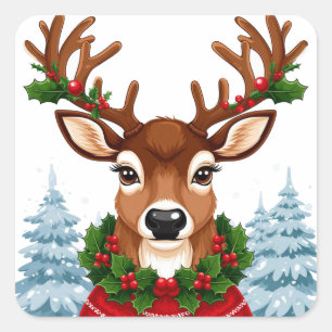 Majestic Reindeer By Evergreen Christmas Trees Square Sticker