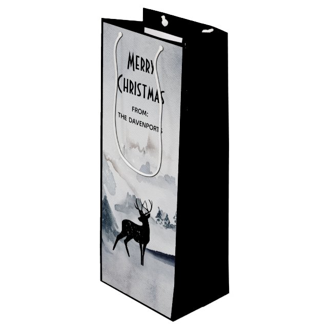 Majestic Reindeer Grey Watercolor Merry Christmas Wine Gift Bag (Front Angled)