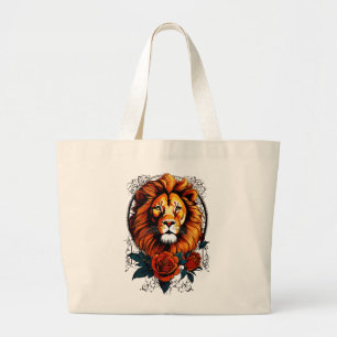 Majestic Rose & Lioness: Realism-Inspired Tattoo Large Tote Bag