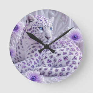 Majestic Royal Purple Jewelled Leopard Art Round Clock