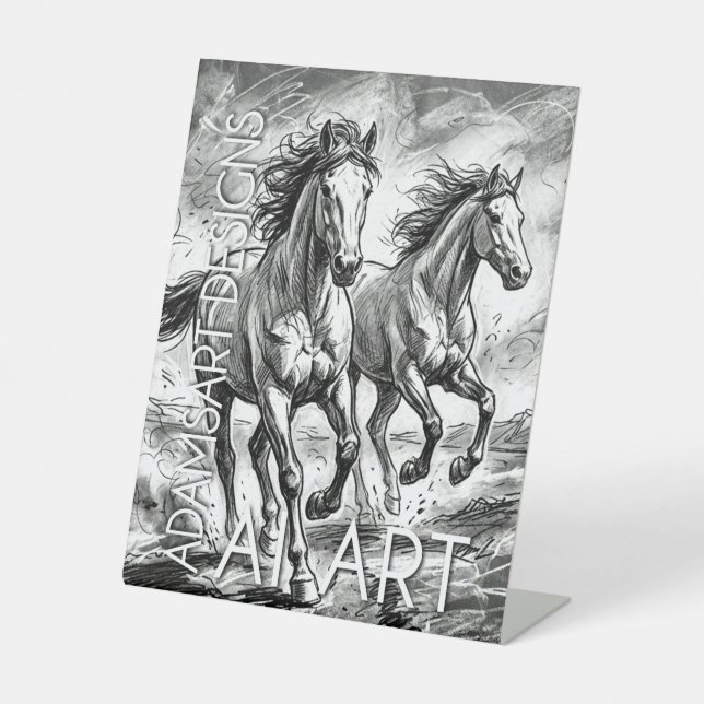 Majestic Running Horses Black and White Sketch Pedestal Sign (Front)