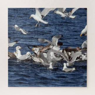 Majestic Seagulls Hunting Sand Eels Over Ocean Art Jigsaw Puzzle
