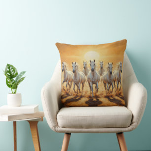 Majestic Seven White Horses Galloping at Sunset Cushion
