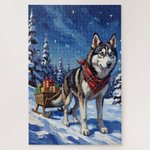 Majestic Siberian Husky Pulling Christmas Sled Jigsaw Puzzle