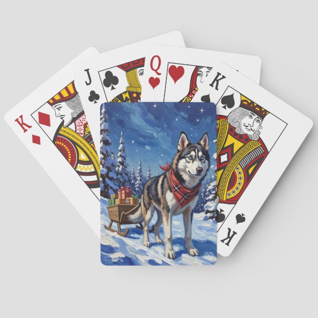 Majestic Siberian Husky Pulling Christmas Sled Playing Cards (Back)