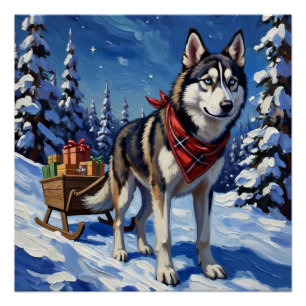 Majestic Siberian Husky Pulling Christmas Sled Poster