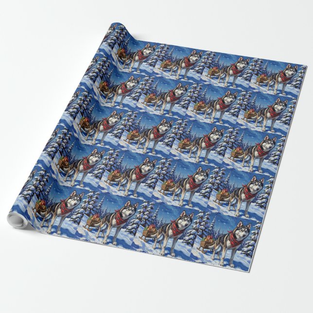 Majestic Siberian Husky Pulling Christmas Sled Wrapping Paper (Unrolled)