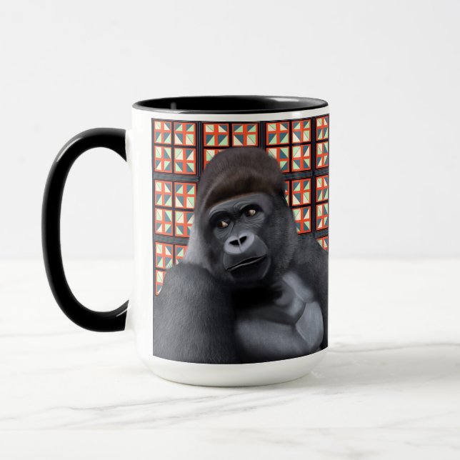 Majestic Sitting Gorilla On Red Geometric Wildlife Mug (Left)