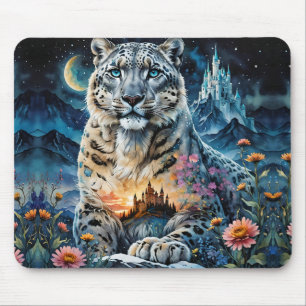 Majestic Snow Leopard - Castle - Moon, Mouse Mat