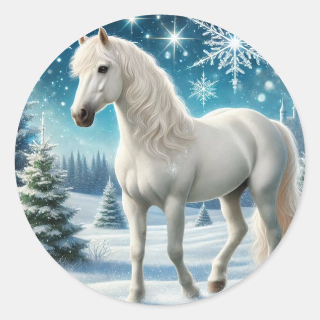 "Majestic Snow Stallion Sticker" Classic Round Sticker (Front)