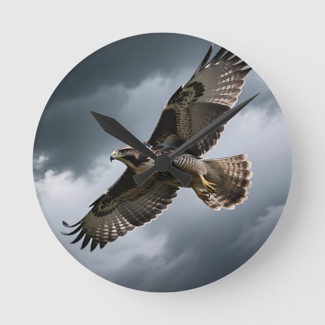 Majestic Soaring Hawk Storm Clouds Round Clock (Front)