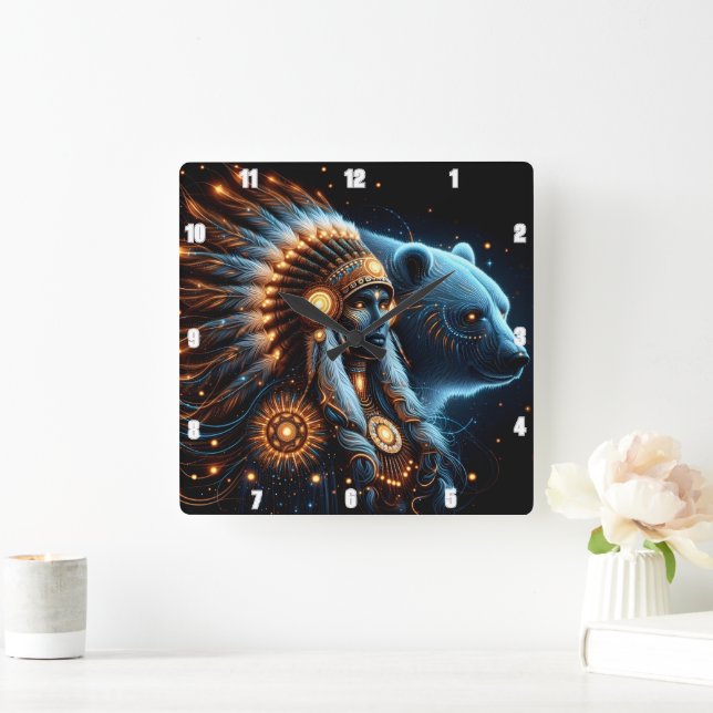 Majestic Spirit of the Bear and the Warrior Woman Square Wall Clock (Home)