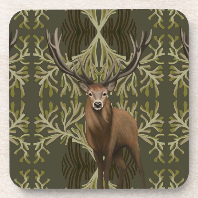 Majestic Stag Abstract Green Forest  Coaster (Front)