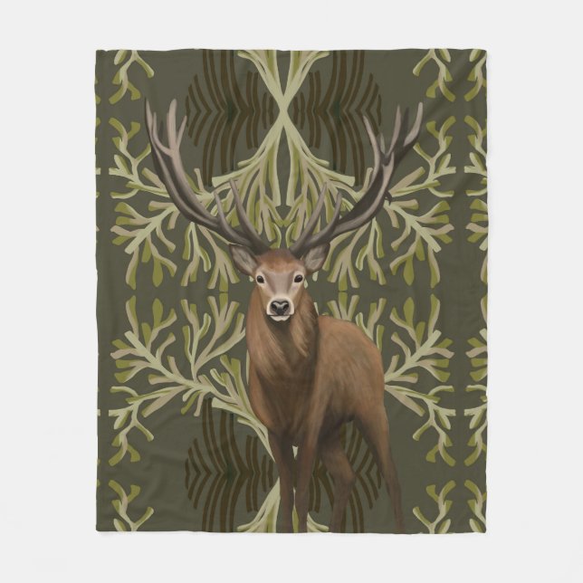 Majestic Stag Abstract Green Forest  Fleece Blanket (Front)