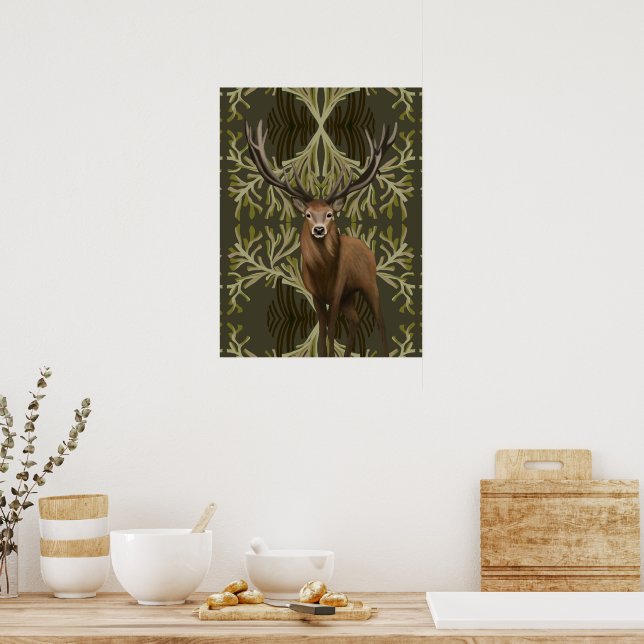 Majestic Stag Abstract Green Forest  Poster (Kitchen)