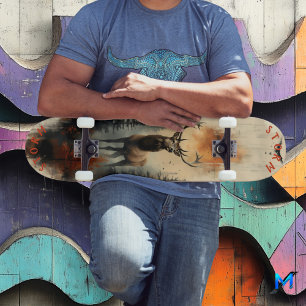 Majestic Stag in Forest Mist, Retro Wilderness Skateboard
