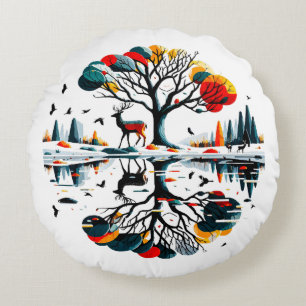 Majestic Stag in Snowy Winter Forest Round Cushion