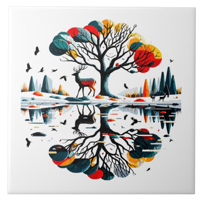 Majestic Stag in Snowy Winter Forest Tile (Front)