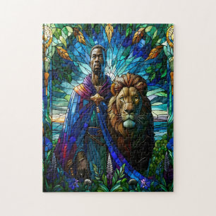 Majestic Stained Glass Man with Lion Jigsaw Puzzle