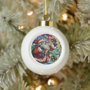 Majestic Stained Glass Santa and Reindeer Ceramic Ball Christmas Ornament