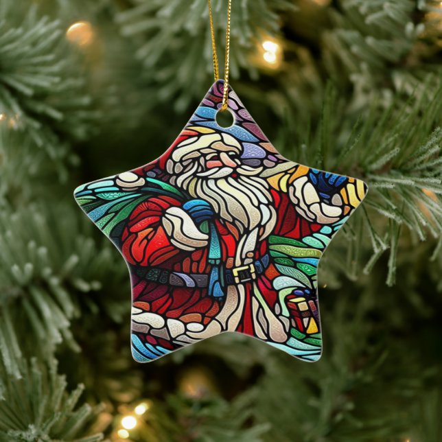 Majestic Stained Glass Santa and Reindeer Ceramic Tree Decoration (Tree)